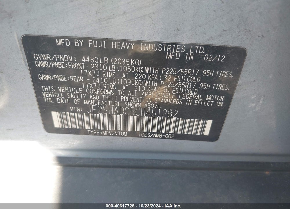 2012 SUBARU FORESTER VIN: JF2SHADC5CH451282