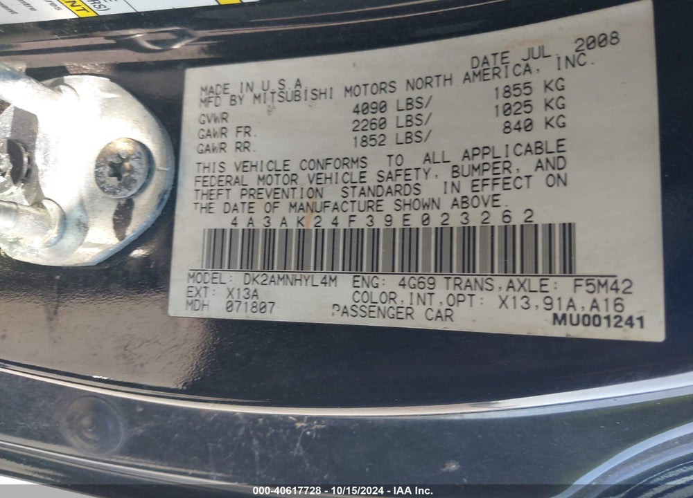 2009 MITSUBISHI ECLIPSE GS VIN: 4A3AK24F39E023262