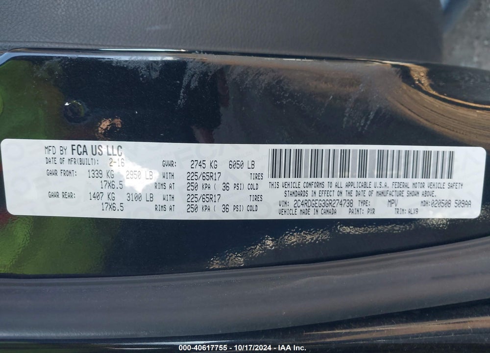2016 DODGE GRAND CARAVAN R/T VIN: 2C4RDGEG3GR274738