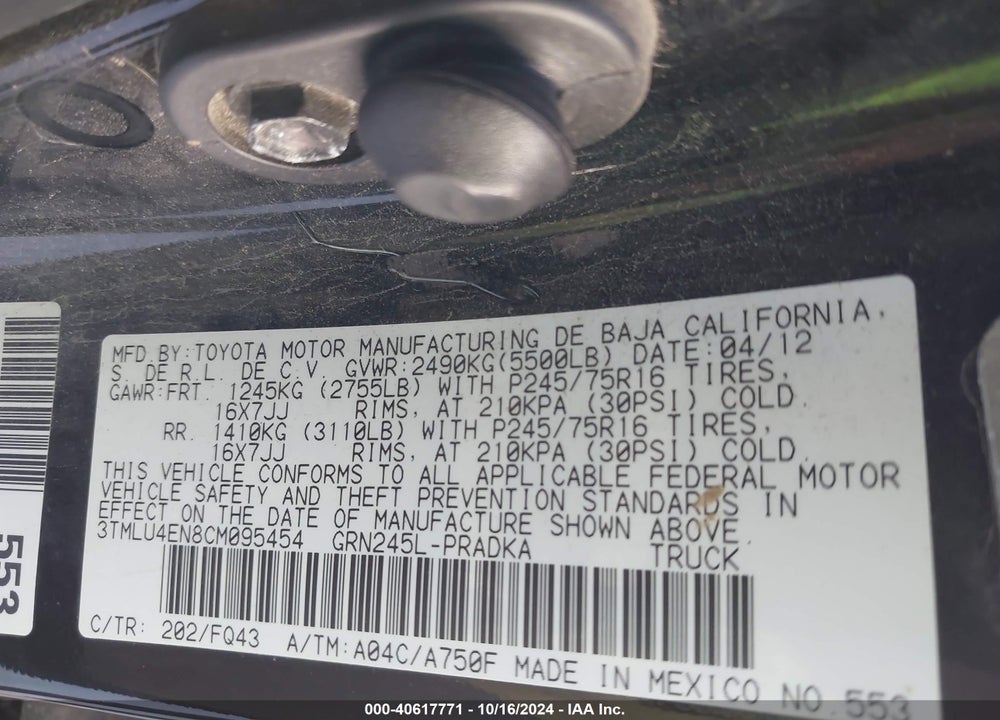 2012 TOYOTA TACOMA BASE V6 VIN: 3TMLU4EN8CM095454