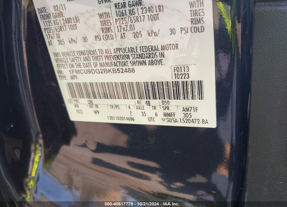 2011 FORD ESCAPE XLT VIN: 1FMCU9DG2BKB52488