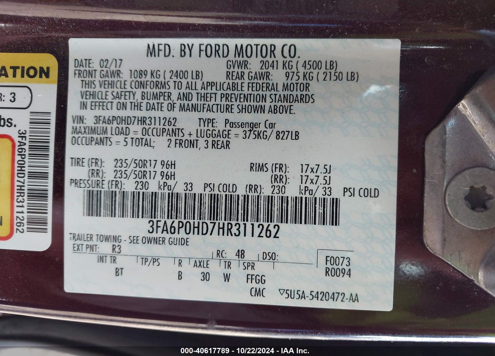 2017 FORD FUSION SE VIN: 3FA6P0HD7HR311262