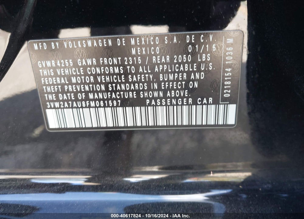 2015 VOLKSWAGEN GOLF VIN: 3VW2A7AU8FM061597