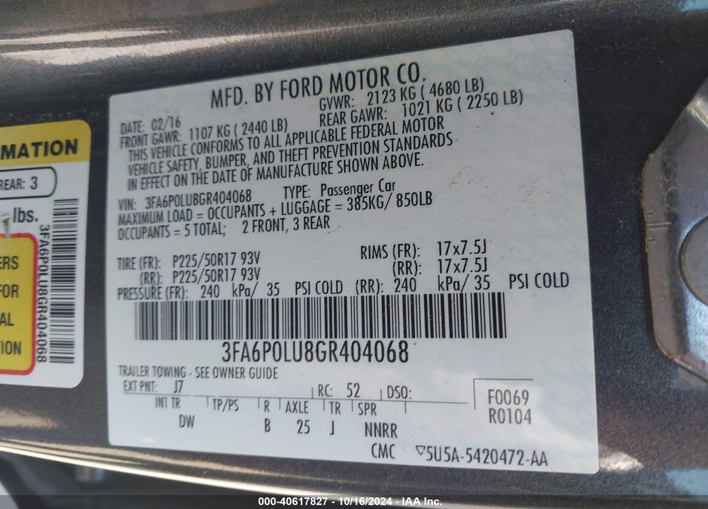 2016 FORD FUSION HYBRID SE VIN: 3FA6P0LU8GR404068