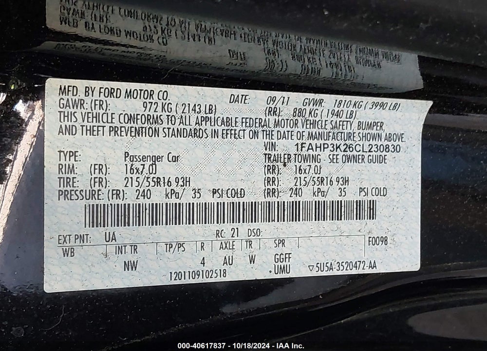 2012 FORD FOCUS SE VIN: 1FAHP3K26CL230830