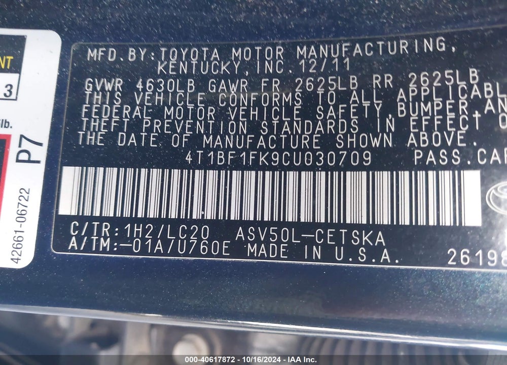2012 TOYOTA CAMRY SE VIN: 4T1BF1FK9CU030709