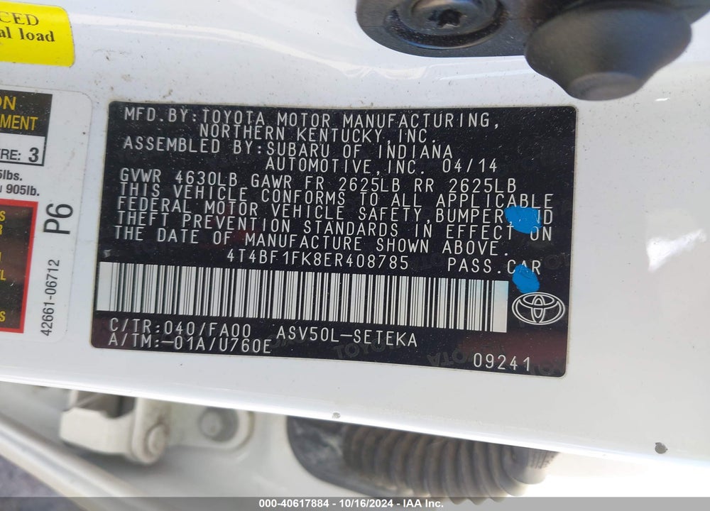 2014 TOYOTA CAMRY L VIN: 4T4BF1FK8ER408785