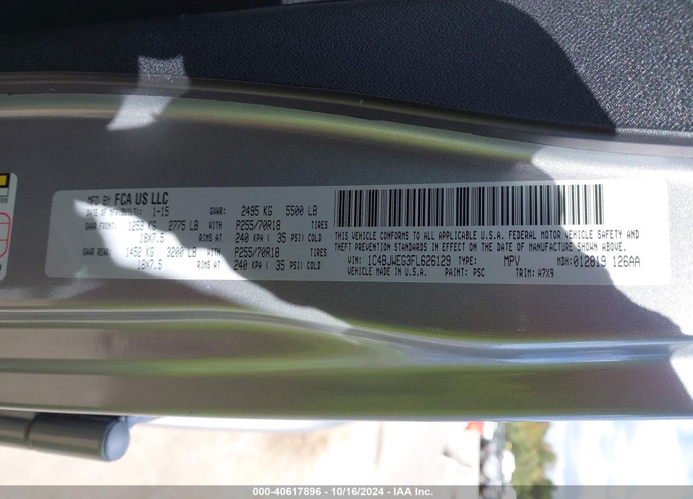 2015 JEEP WRANGLER UNLIMITED VIN: 1C4BJWEG3F6626129