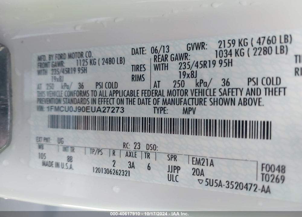 2014 FORD ESCAPE TITANIUM VIN: 1FMCU0J90EUA27273
