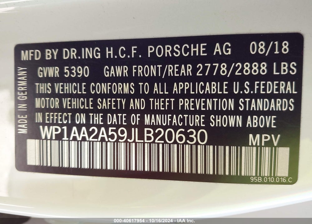 2018 PORSCHE MACAN VIN: WP1AA2A59JLB20630