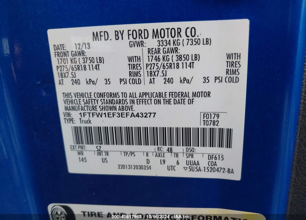 2014 FORD F-150 XLT VIN: 1FTFW1EF3EFA43277