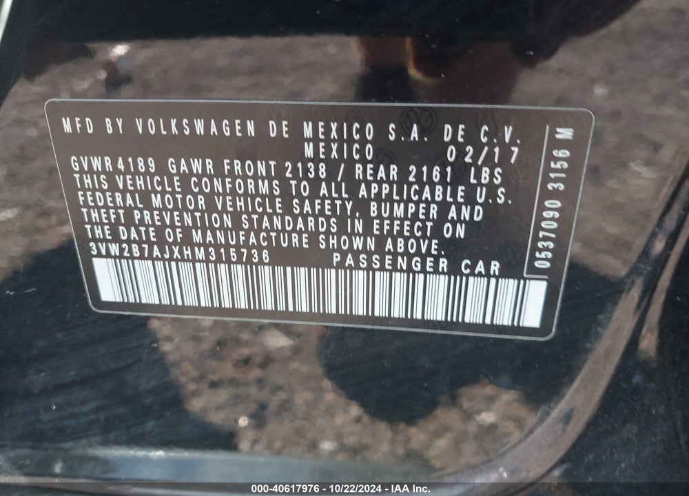 2017 VOLKSWAGEN JETTA 1.4T S VIN: 3VW2B7AJXHM315736