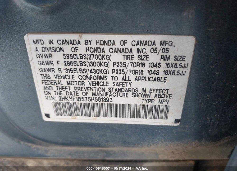 2005 HONDA PILOT EX-L VIN: 2HKYF18575H561393
