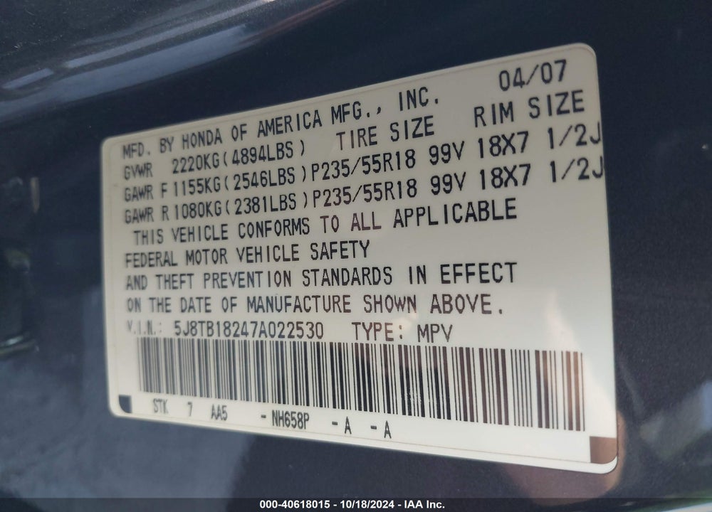 2007 ACURA RDX VIN: 5J8TB18247A022530