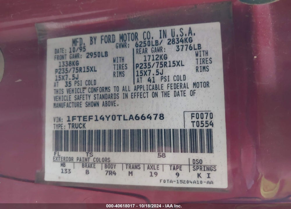 1996 FORD F150 VIN: 1FTEF14Y0TLA66478
