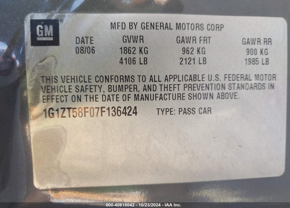 2007 CHEVROLET MALIBU LT VIN: 1G1ZT58F07F136424