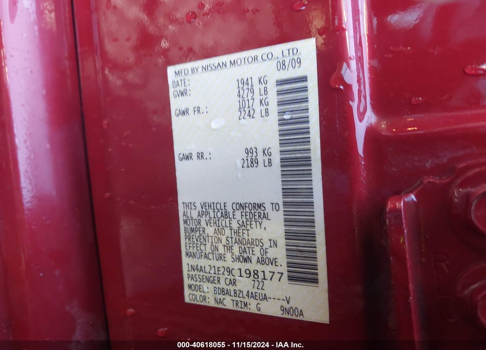 2009 NISSAN ALTIMA 2.5 S VIN: 1N4AL21E29C198177