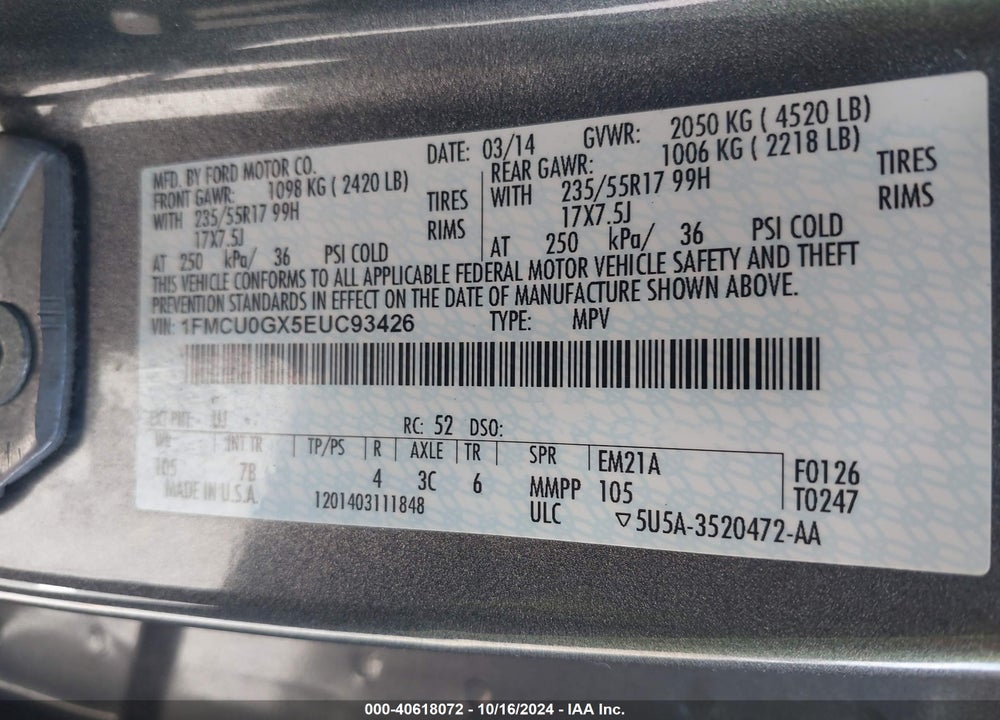 2014 FORD ESCAPE SE VIN: 1FMCU0GX5EUC93426