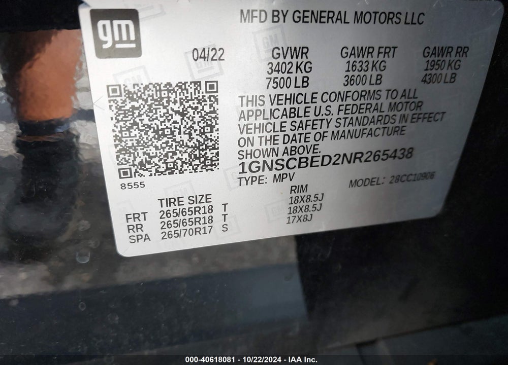 2022 CHEVROLET SUBURBAN 2WD LS VIN: 1GNSCBED2NR265438