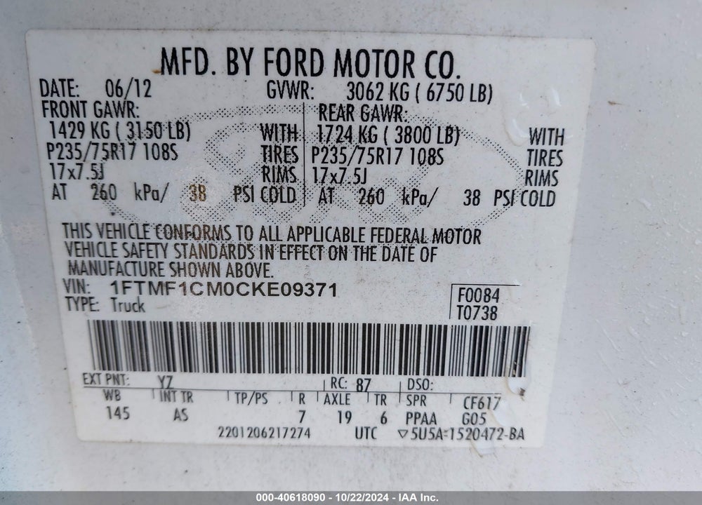 2012 FORD F-150 XL VIN: 1FTMF1CM0CKE09371