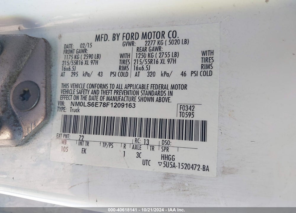 2015 FORD TRANSIT CONNECT XL VIN: NM0LS6E78F1209163