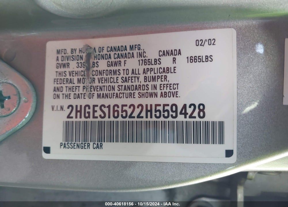 2002 HONDA CIVIC LX VIN: 2HGES16522H559428