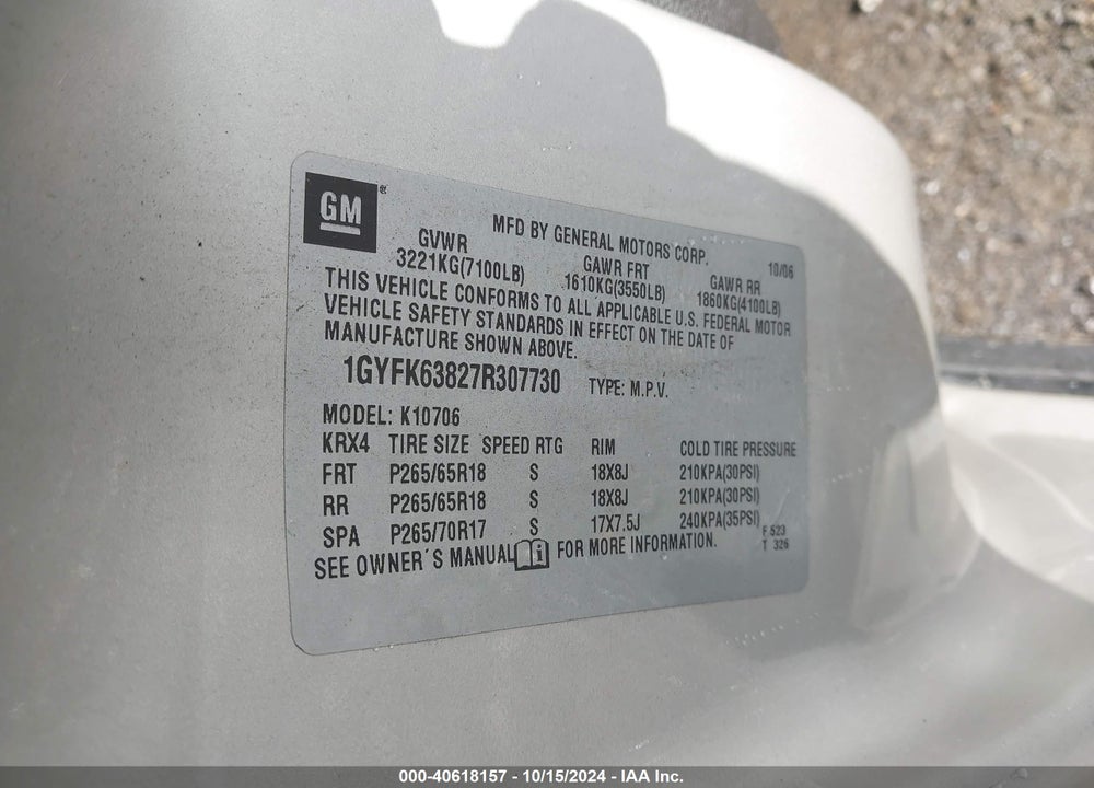 2007 CADILLAC ESCALADE STANDARD VIN: 1GYFK63827R307730