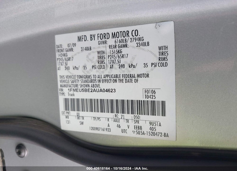2010 FORD EXPLORER SPORT TRAC XLT VIN: 1FMEU5BE2AUA04623