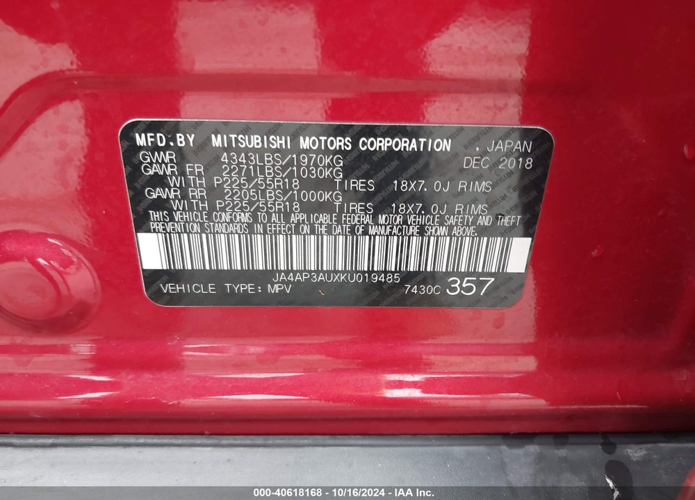 2019 MITSUBISHI OUTLANDER SPORT 2.0 ES/2.0 LE/2.0 SP VIN: JA4AP3AUXKU019485