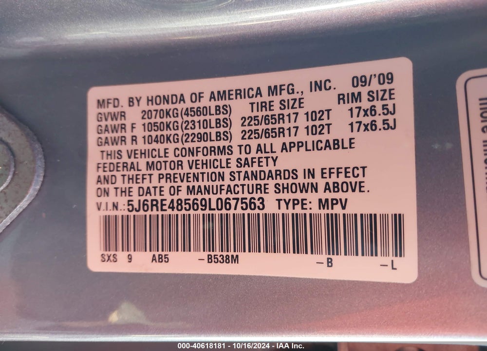 2009 HONDA CR-V EX VIN: 5J6RE48569L067563