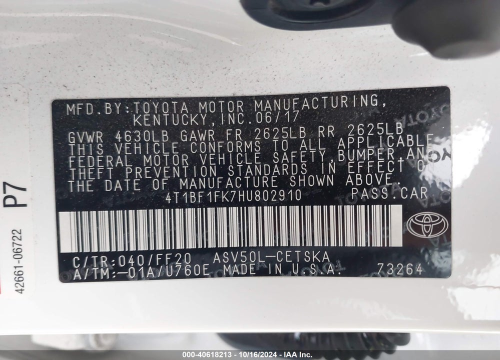 2017 TOYOTA CAMRY SE VIN: 4T1BF1FK7HU802910