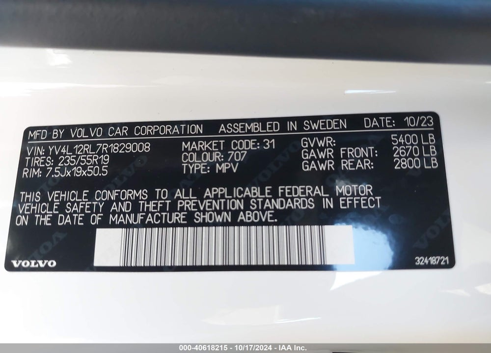2024 VOLVO XC60 B5 PLUS DARK THEME VIN: YV4L12RL7R1829008