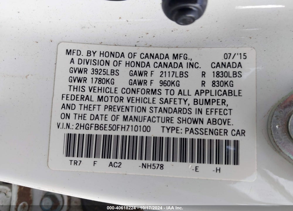 2015 HONDA CIVIC SI VIN: 2HGFB6E50FH710100