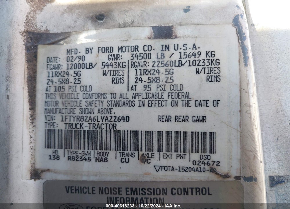 1990 FORD N-SERIES LN8000F VIN: 1FTYR82A6LVA22640