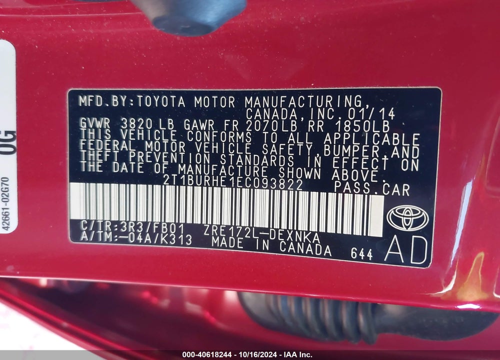 2014 TOYOTA COROLLA LE VIN: 2T1BURHE1EC093822