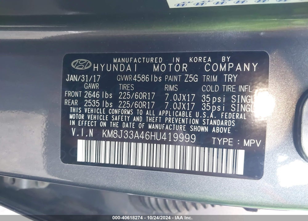 2017 HYUNDAI TUCSON SE PLUS VIN: KM8J33A46HU419999