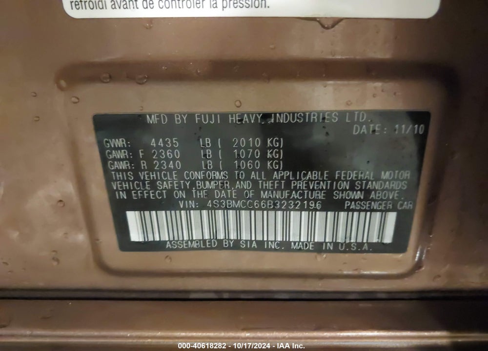 2011 SUBARU LEGACY 2.5I PREMIUM VIN: 4S3BMCC66B3232196