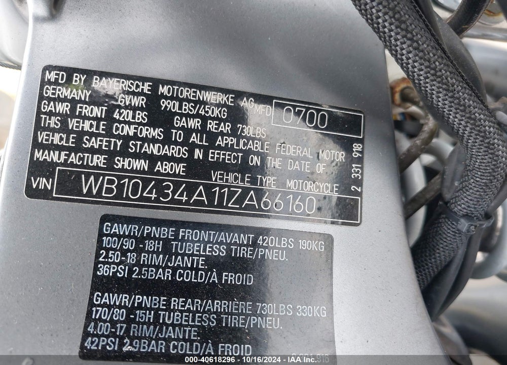 2001 BMW R1200 C VIN: WB10434A11ZA66160