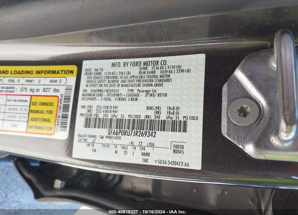 2018 FORD FUSION HYBRID TITANIUM VIN: 3FA6P0RU7JR269342