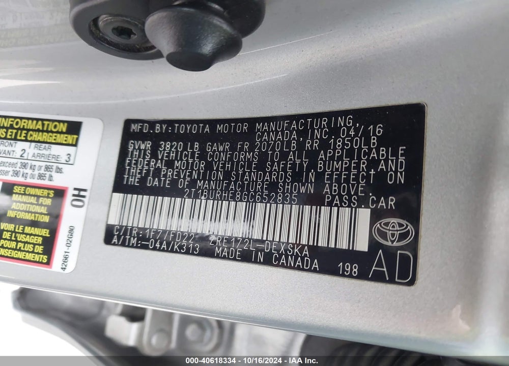 2016 TOYOTA COROLLA S PLUS VIN: 2T1BURHE8GC652835