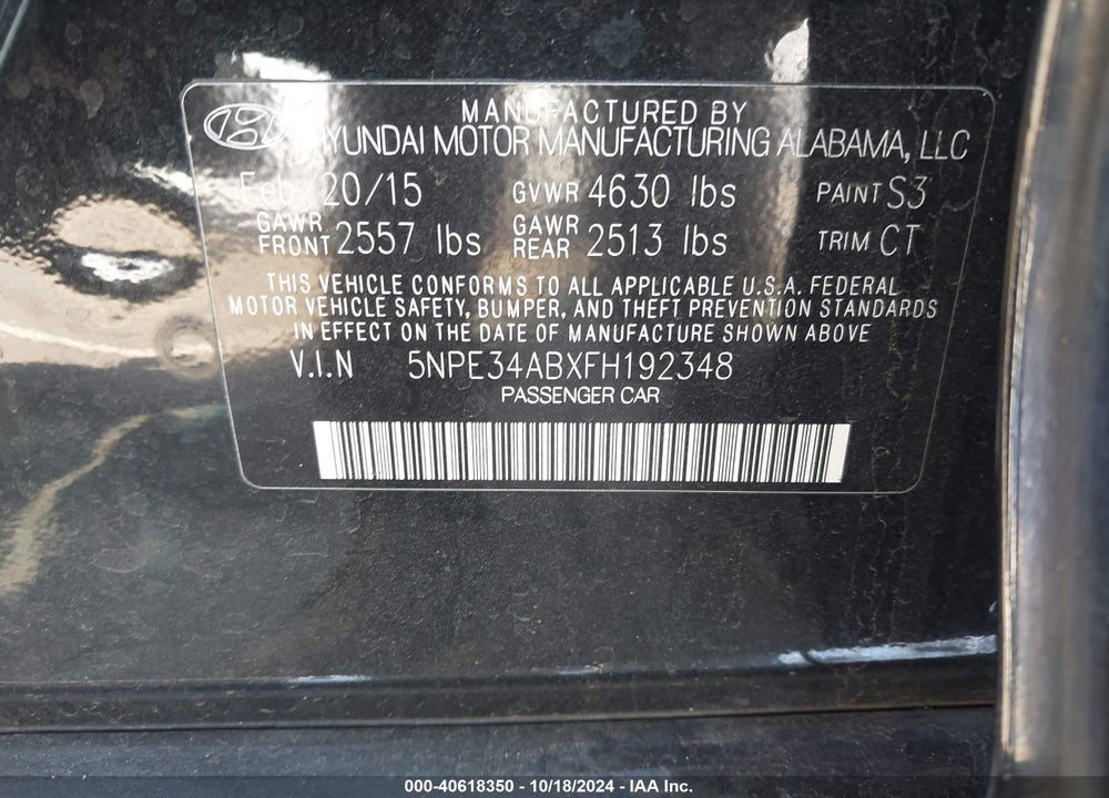 2015 HYUNDAI SONATA LIMITED 2.0T VIN: 5NPE34ABXFH192348