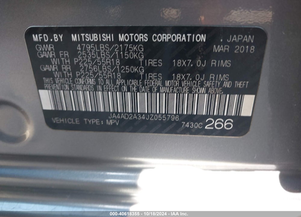 2018 MITSUBISHI OUTLANDER ES VIN: JA4AD2A34JZ055796