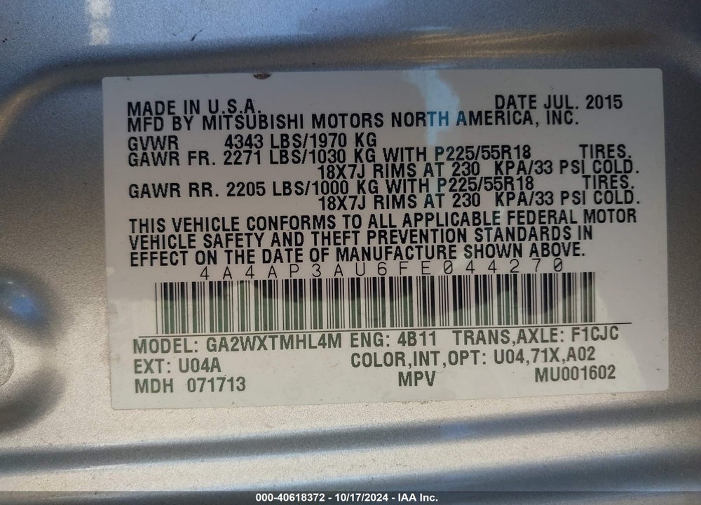 2015 MITSUBISHI OUTLANDER SPORT ES VIN: 4A4AP3AU6FE044270