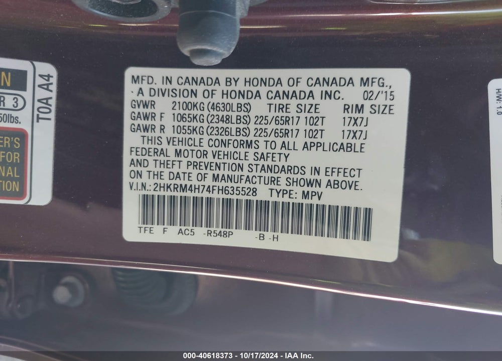 2015 HONDA CR-V EX-L VIN: 2HKRM4H74FH635528