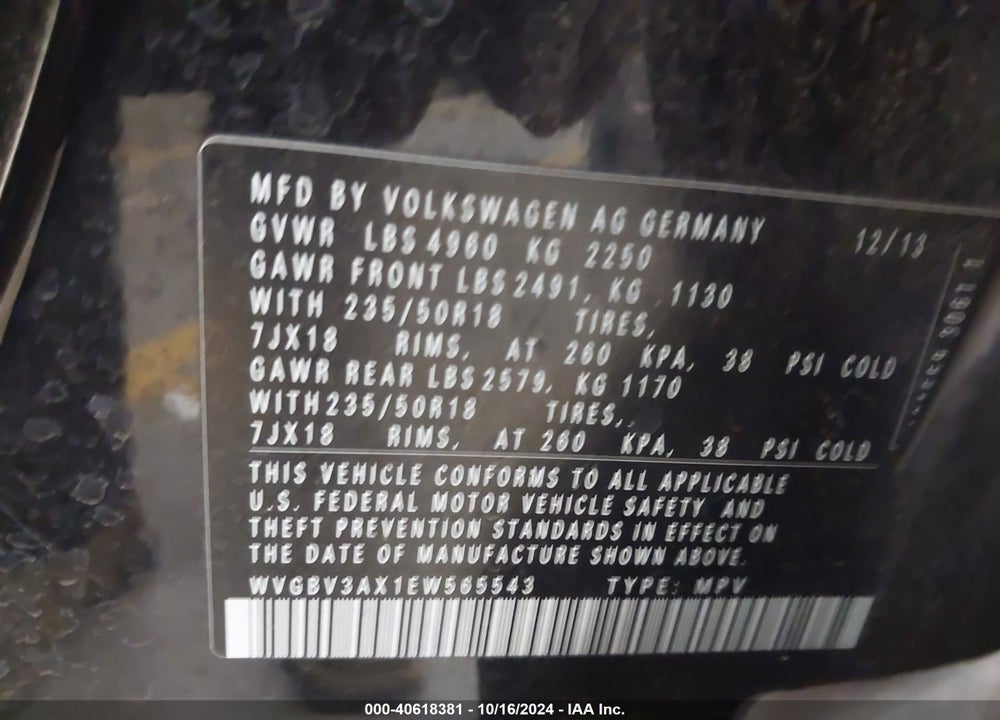 2014 VOLKSWAGEN TIGUAN SEL VIN: WVGBV3AX1EW565543