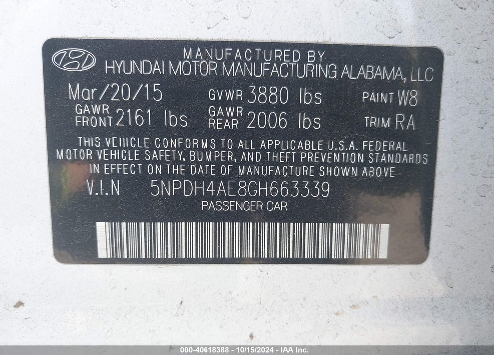 2016 HYUNDAI ELANTRA SE VIN: 5NPDH4AE8GH663339