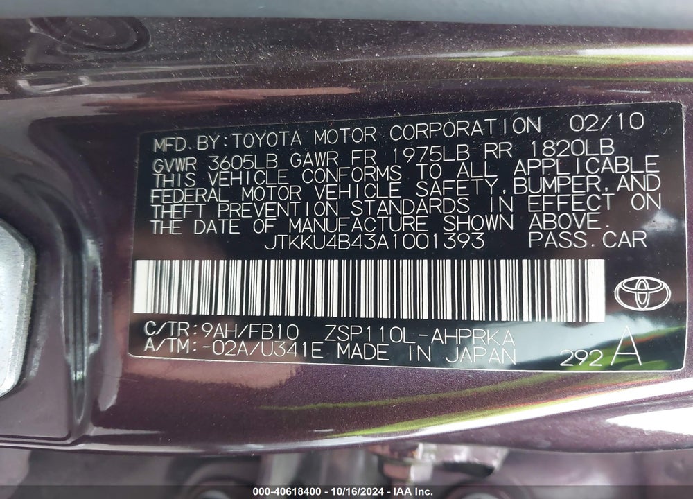 2010 SCION XD VIN: JTKKU4B43A1001393