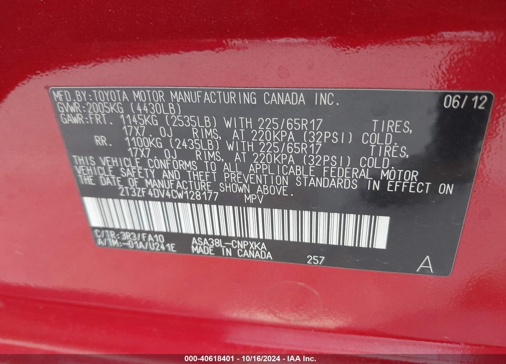 2012 TOYOTA RAV4 VIN: 2T3ZF4DV4CW128177