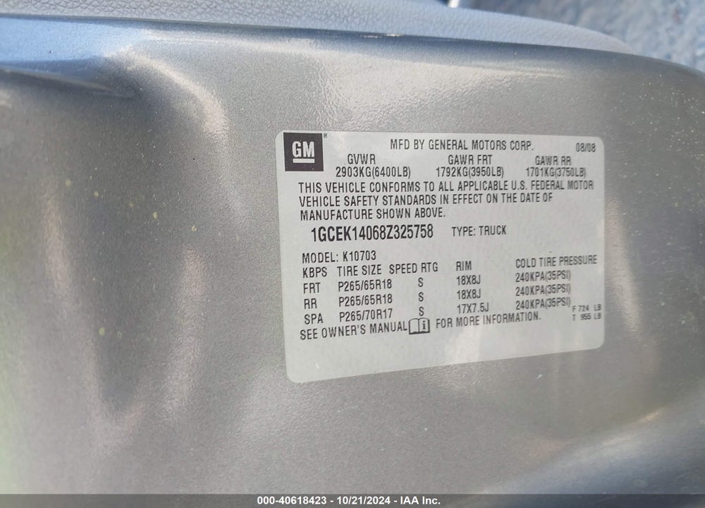 2008 CHEVROLET SILVERADO 1500 VIN: 1GCEK14068Z325758
