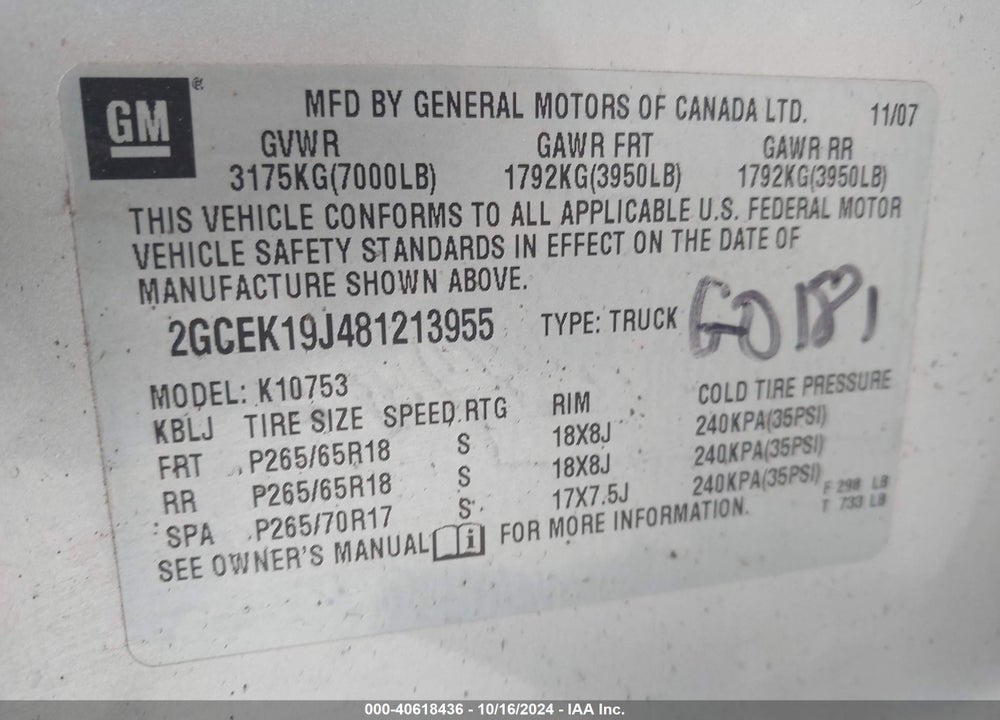 2008 CHEVROLET SILVERADO 1500 LT2 VIN: 2GCEK19J481213955